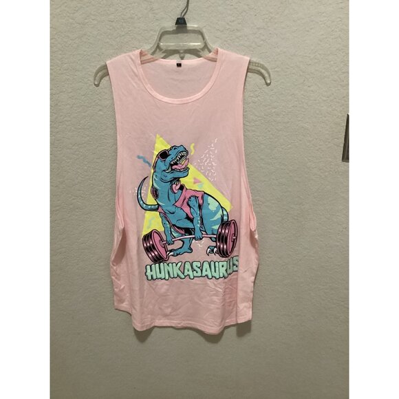 Pink Sleeveless Tank Top With "Hunkasaurus" Dinosaur Graphic Design Size L - Picture 2 of 4